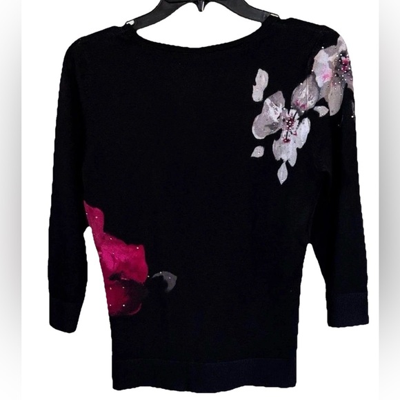 White House Black Market XS Black Floral Embellished Cardigan Sweater Top - Picture 7 of 14